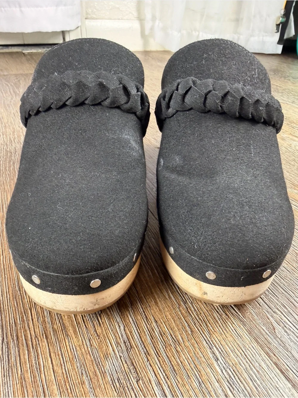 J.Crew Suede Braided Platform Clogs Black Silver Studded Wood Heel BJ249 | 6.5